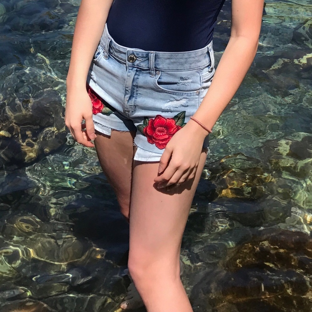 American Eagle Red Rose Embroidered Jean Shorts
